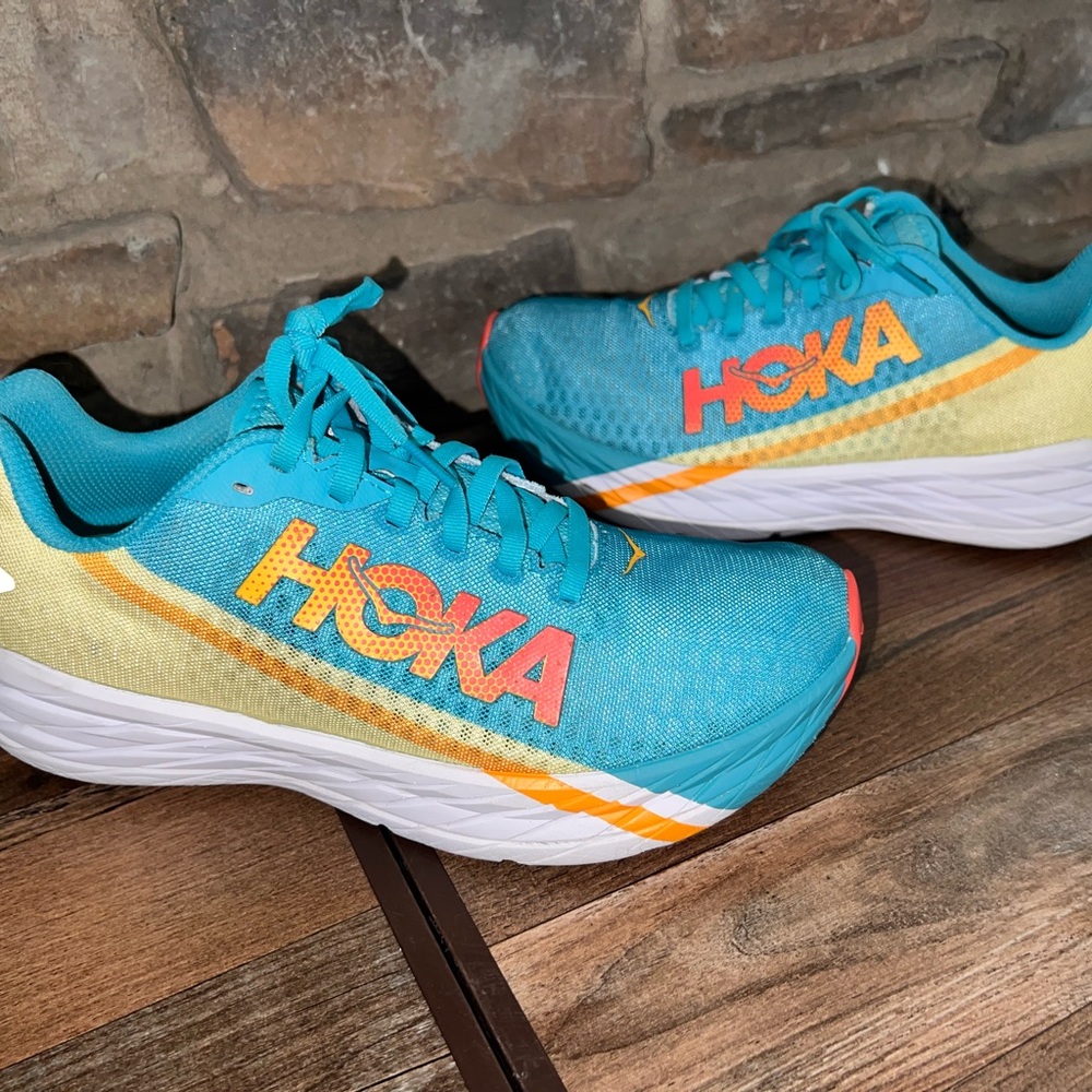 Hoka One One Blue and Yellow Sneakers with Maximalist Cushioning